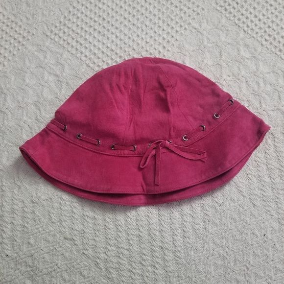 Pink Leather Suede Bucket Hat with Tie - Picture 1 of 5